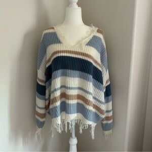Polly & Esther Frayed Sweater Women’s Size 1X Oversized Fringe Long Sleeve Knit